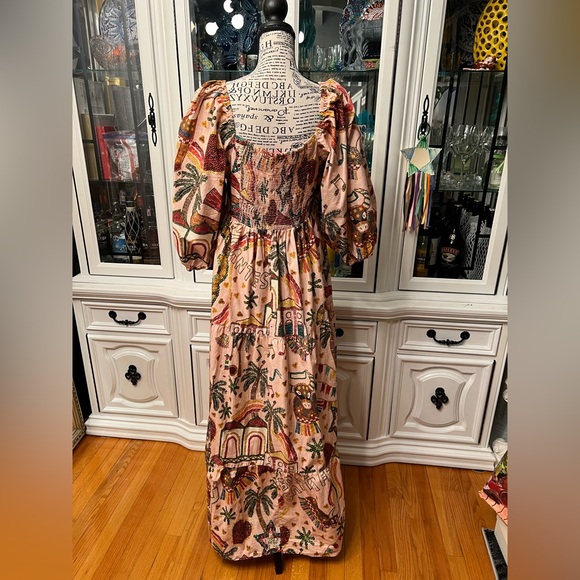 FARM Rio Pink Ruffled Tropical Print Tiered Maxi Dress Balloon Sleeves L - Picture 6 of 13